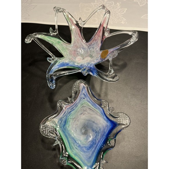 2 ~ Murano Art Glass Bowls Abstract Sculptures Blue Green Swirl Original Sticker - Picture 3 of 16